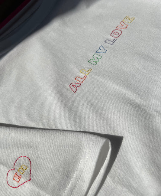All My Love E.H Charity Embroidered T Shirt - Black/ White Rainbow